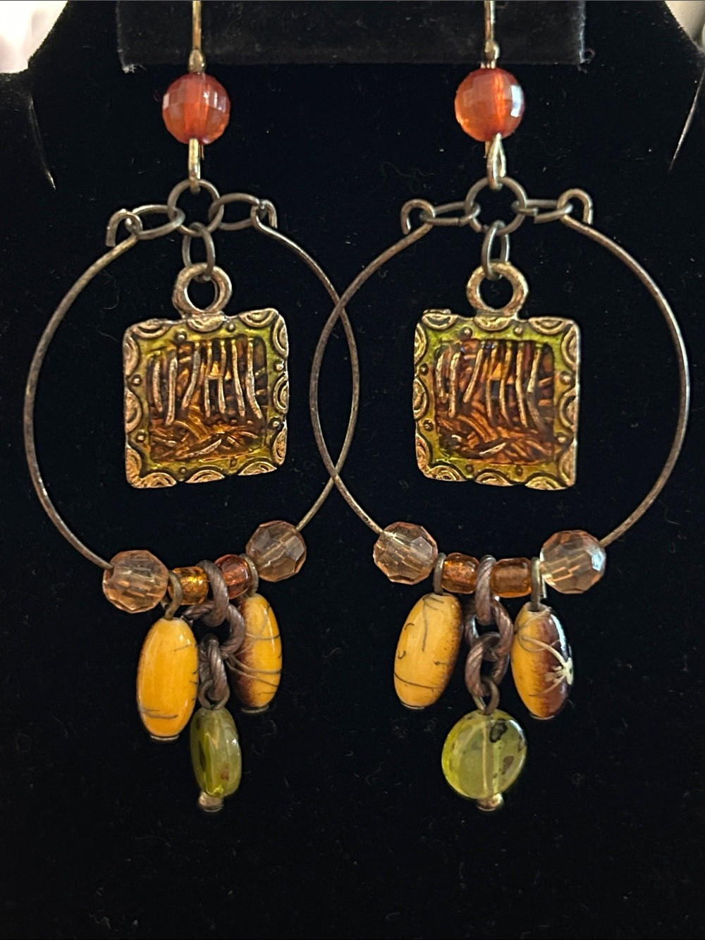 Yellow, Green & Amber Boho Hoop Dangle Earrings